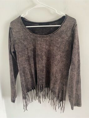 Julie Fringe Hem Washed Long Sleeve Top